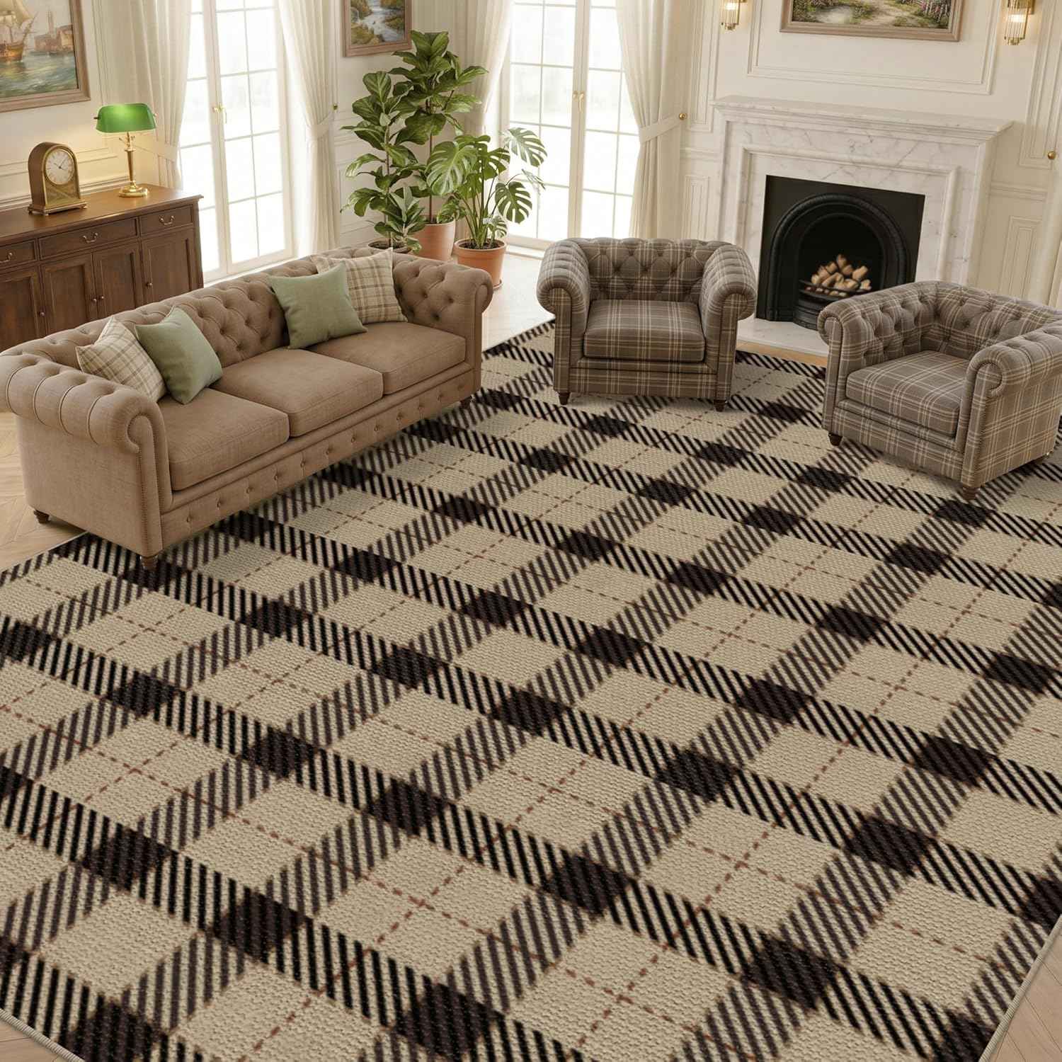 Neutral Easy Jute Rug 9x12 for Living Room, Large Indoor Outdoor Natural Color Farmhouse Area Rugs for Patio, Backyard and Dining Room, Plaid Woven Design, Non Shed, Washable Outside Carpet