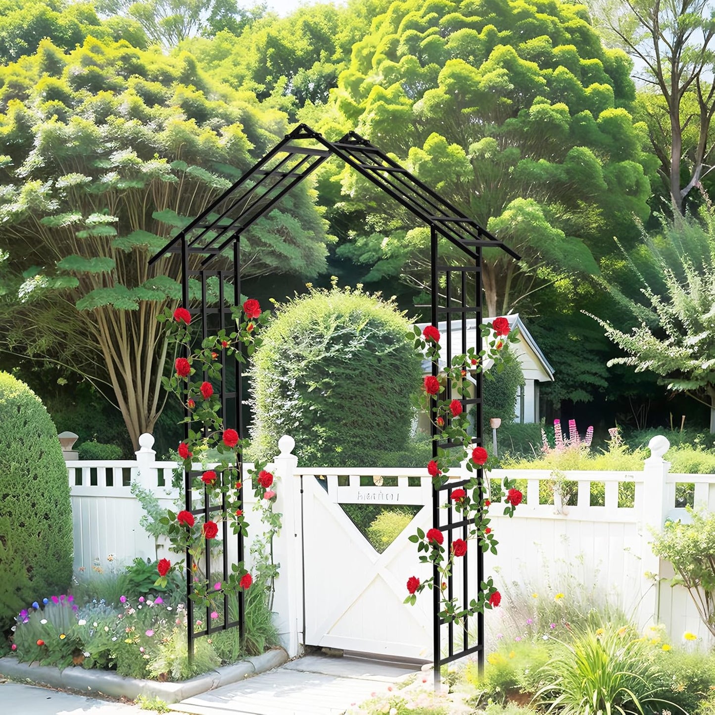 Metal Garden Arch Arbor Trellis Climbing Plants Outdoor Black Flat Top or Arch, Adjustable Width W42.52''~W78.15'', for Lawn Wedding Party Archway