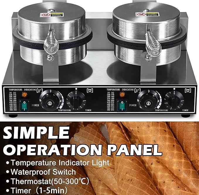 Waffle Cone Maker Commercial 2600W Professional Ice Cream Cone Waffle Maker Machine, Electric Commercial Waffle Cone Maker Machine With Temp & Time Control for for Restaurant Bakery Snack Bar Family