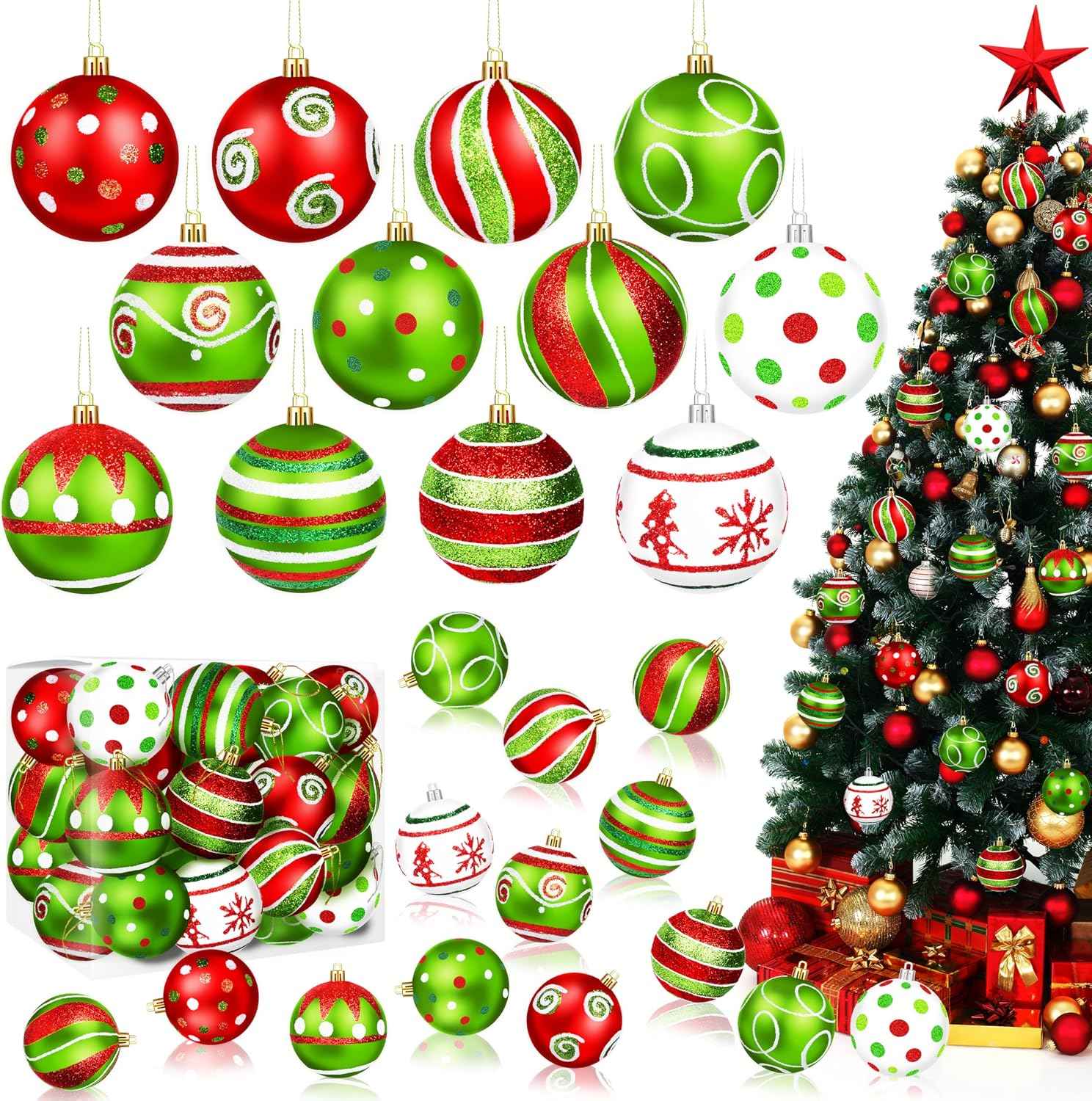 24Pcs Christmas Ball Ornaments Red Green White Shatterproof Christmas Tree Decorations 2.4 Inch Glittering Swirl Candy Hanging Ornaments for Xmas Tree Holiday Party Decor (Colorful)