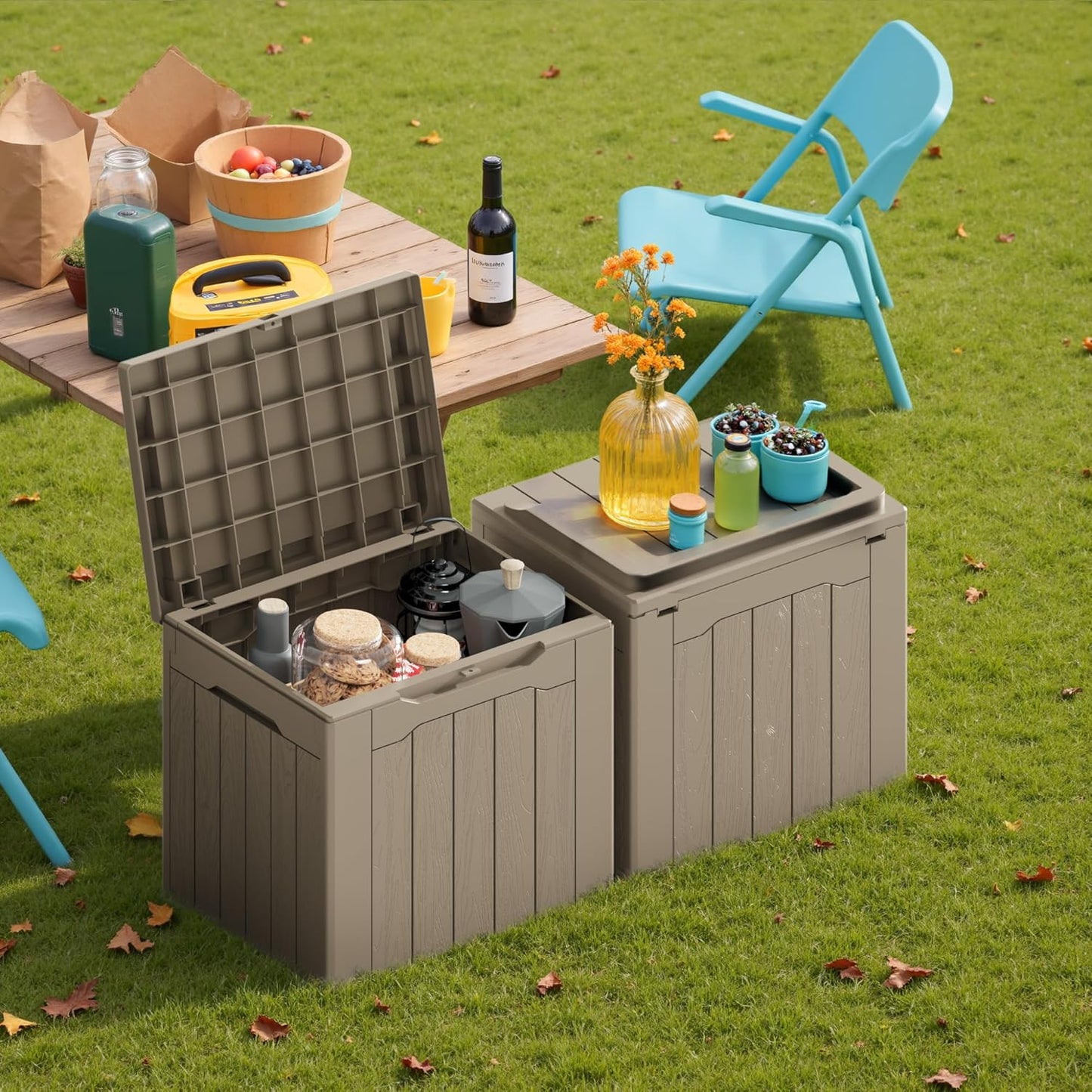 Devoko 30 Gallon Resin Deck Box 2 Pack Outdoor Indoor Waterproof Storage Box for Patio Furniture Pool Accessories Storage for Cushion Garden Tools (Light Brown, 2 Pack)