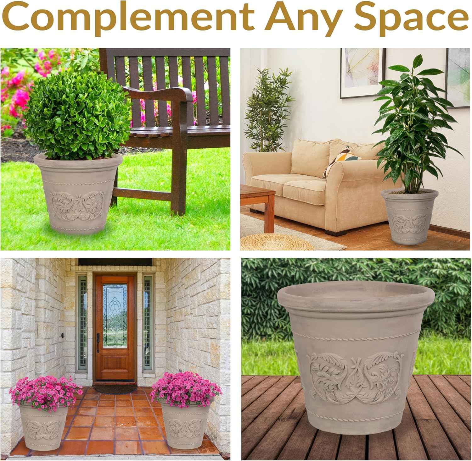 Sunnydaze 19.5-Inch Arabella Large Plastic Pot for Plants - Outdoor Double-Walled Polyresin Large Plastic Planter with Drillable Drainage Holes - Beige