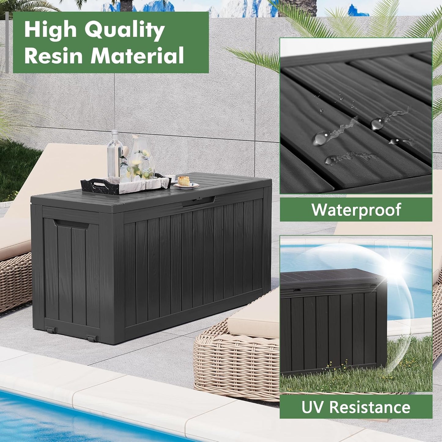 72 Gallon Deck Box Lockable Resin Outdoor Storage Box waterproof Outdoor Container for Patio Furniture Cushions, Pillow