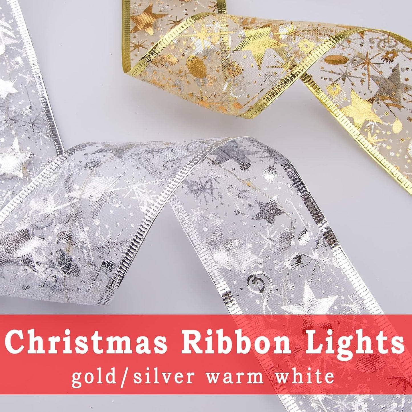 Minetom Christmas Tree Ribbon String Lights - 33ft 100 LED Battery Powered Fairy Lights with Timer