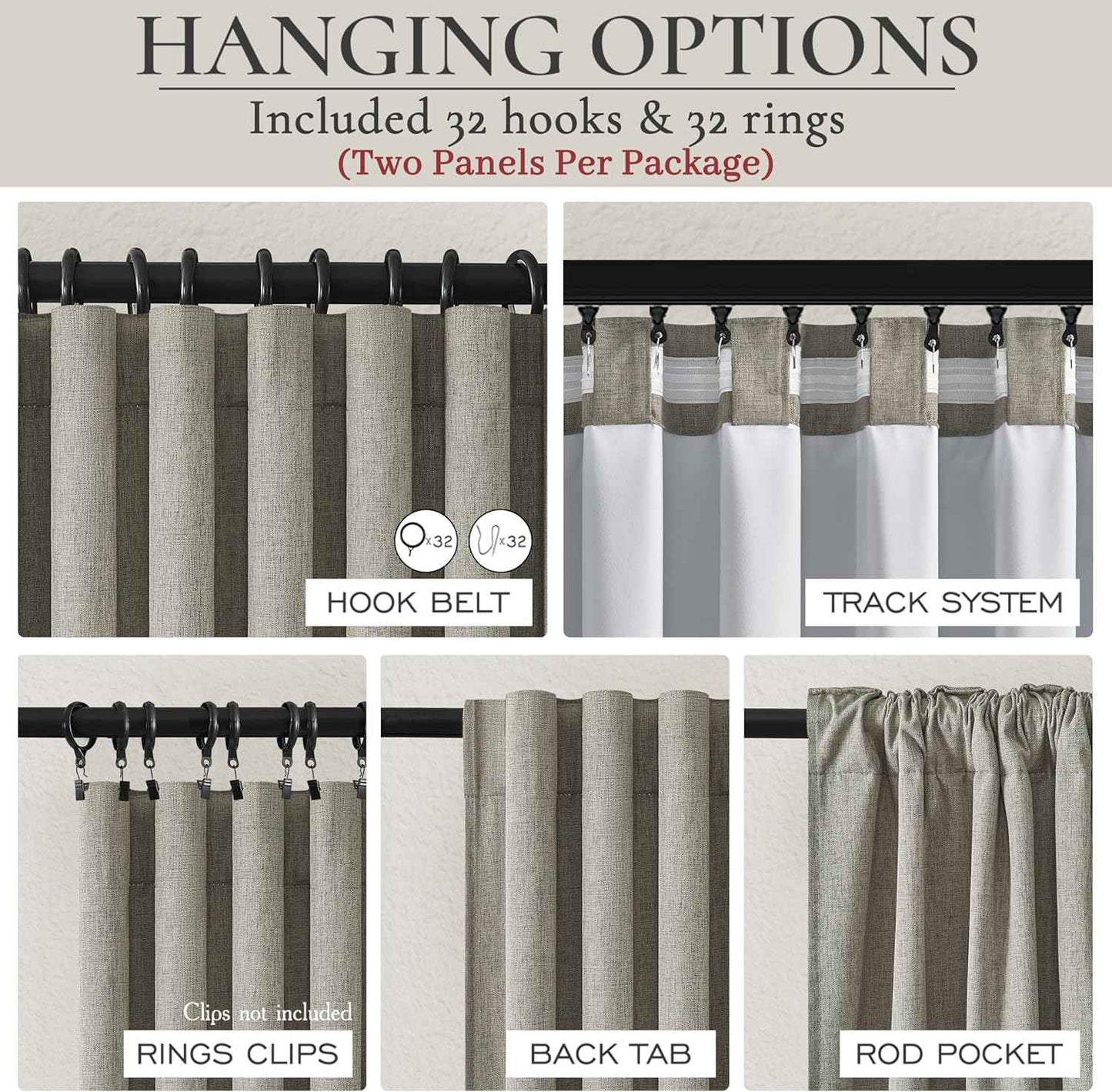 Grey Green Blackout Linen Curtains 90 Inches Long for Living Room/Bedroom, Pleated Window Track Heavy Curtain for winter with Pin Hooks Boho Dark Green Drapes Thermal Insulated (50"Wx90"Lx2Panels)