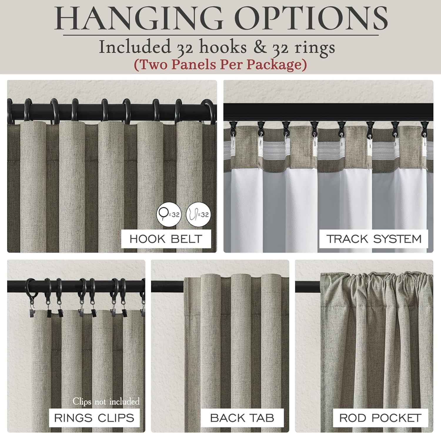 Grey Green Blackout Linen Curtains 90 Inches Long for Living Room/Bedroom, Pleated Window Track Heavy Curtain for winter with Pin Hooks Boho Dark Green Drapes Thermal Insulated (50"Wx90"Lx2Panels)