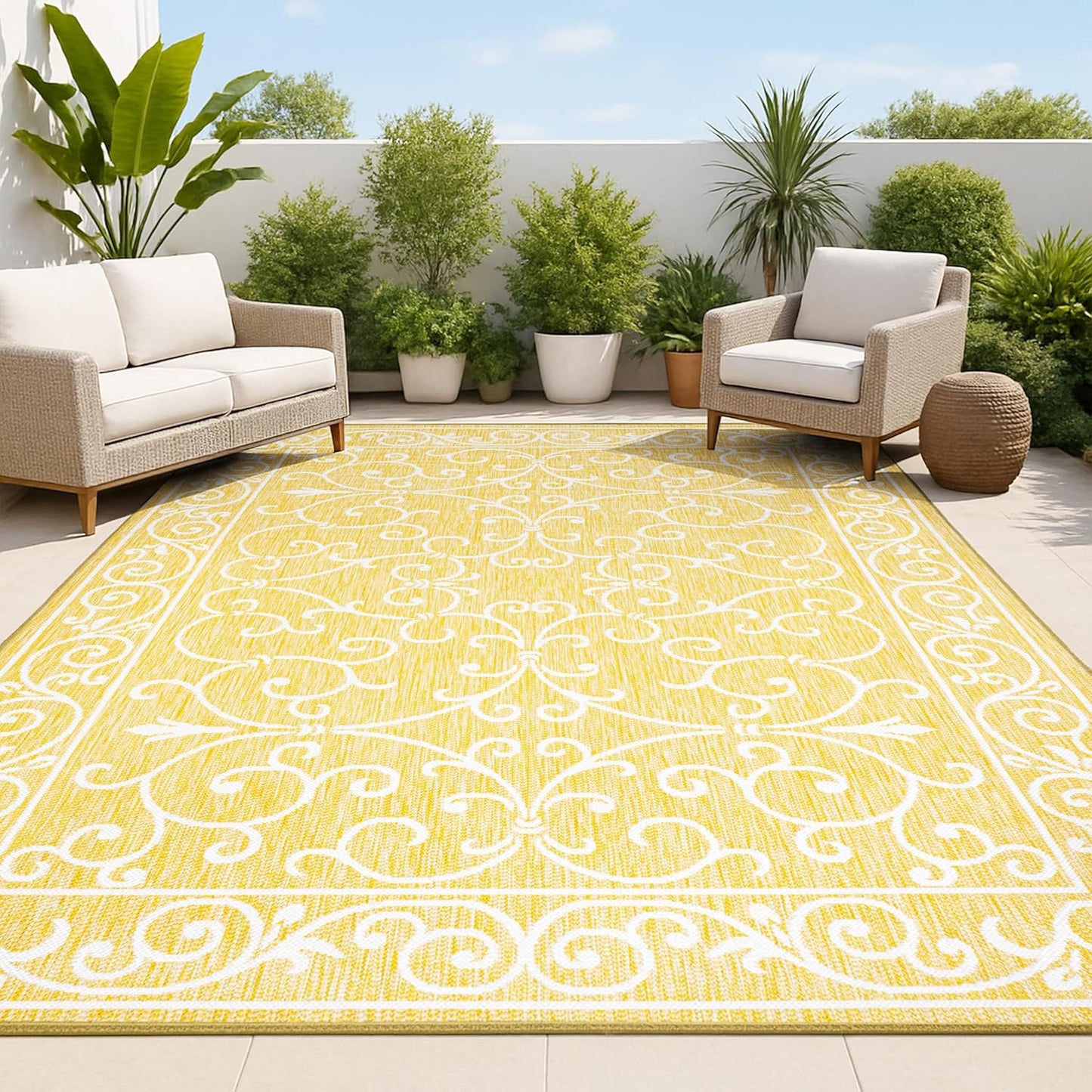 JONATHAN Y Vintage Filigree Indoor Outdoor Area Rug 5X8 Yellow/Cream, Charleston Textured Weave for Backyard, Patio, Porch, Easy-Cleaning, High Traffic, Pet-Friendly, Non-Shedding (SMB106L-5)