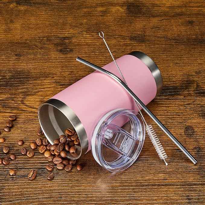 COMOOO 20oz Tumbler Bulk Double Wall Vacuum Insulated Travel Mug, Stainless Steel Tumbler with Lid and Straw Durable Powder Coated Insulated Coffee Cup for Cold & Hot Drinks (pink, 2 pack