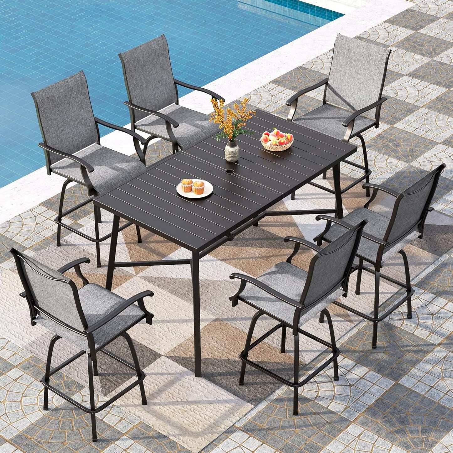 PHI VILLA 7 Piece High Top Patio Bar Set, Outdoor Bar Height Table and Chairs Dining Furniture Set with 6 Outdoor Swivel Bar Stools Grey & 1 Patio Bar Table for Garden, Yard, Terrace