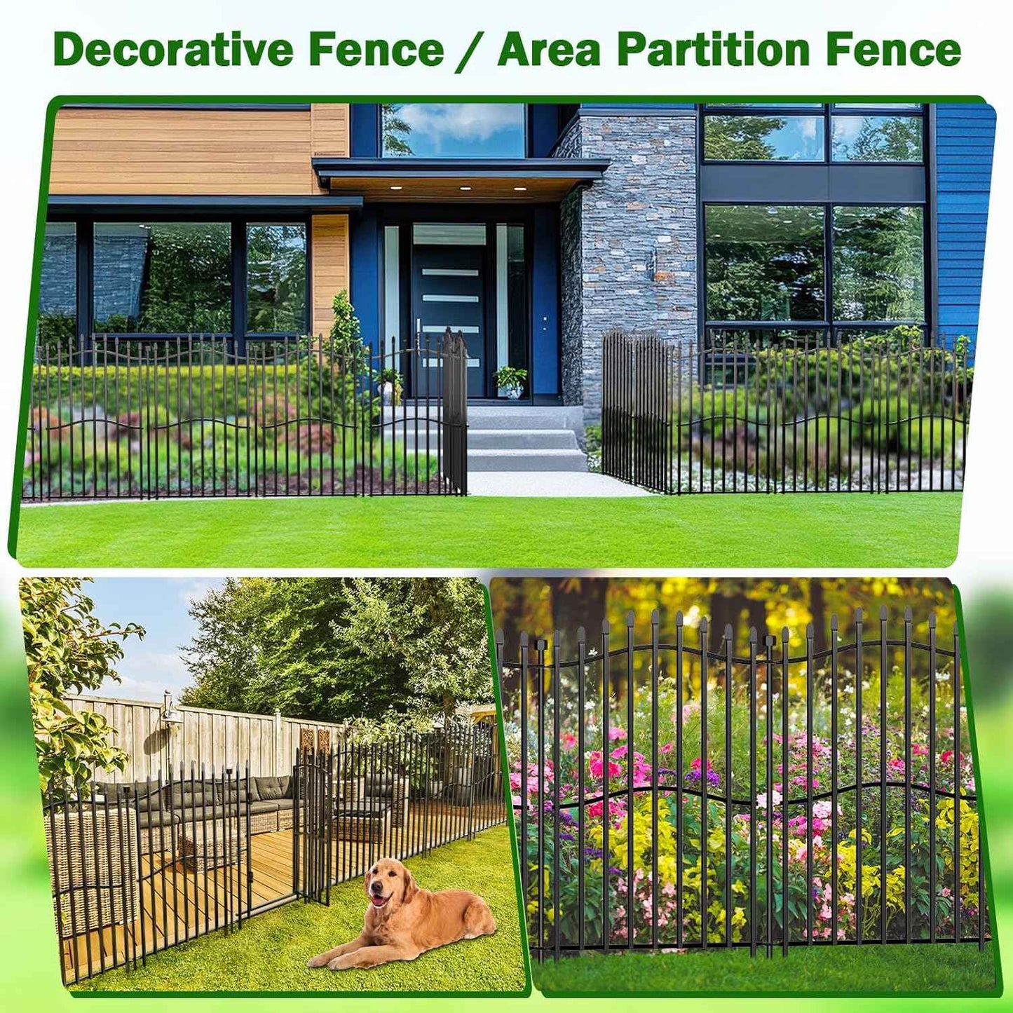 Tall No Dig Decorative Garden Fence with Gate - 5 Panels 40in H x 11.25ft L, Heavy-Duty Square Tube Animal Barrier, Rustproof Outdoor Dog Fence for Yard & Patio