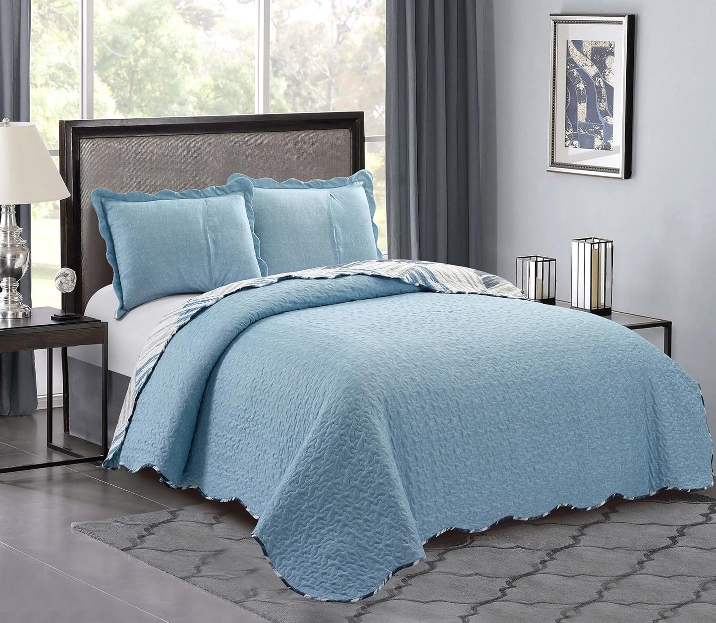 Brilliant Sunshine Blue and Grey Stripe Blocks Patchwork, 3-Piece Quilt Set with 2 Shams, Reversible Bedspread, Soft Lightweight Coverlet, All-Season, Full/Queen, Blue Grey