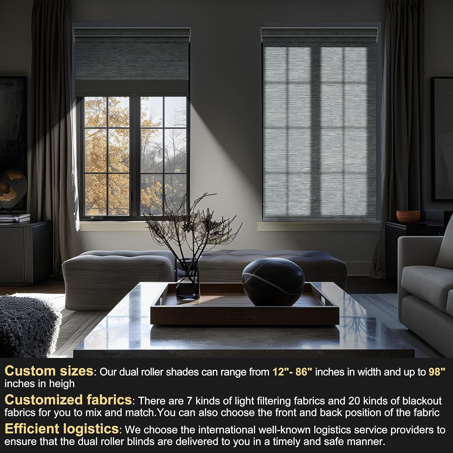 BERISSA Cordless Dual Roller Shades with Cassette Valance, Blackout and Light Filtering, Day and Night Shades for Home Office Door. Striped Jacquard Grey. 60 W x 72" H