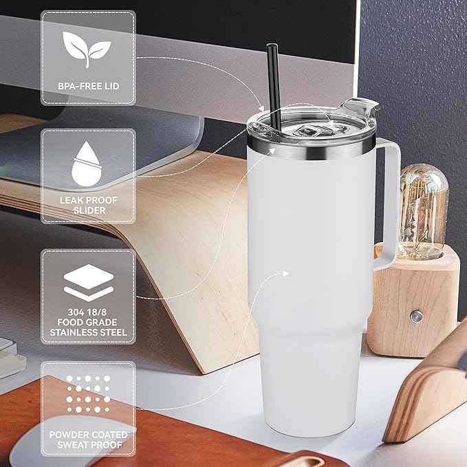 HASLE OUTFITTERS 40 oz Stainless Steel Tumbler with Handle, Vacuum Insulated Tumblers Bulk, Reusable Double Wall Travel Coffee Mug, Durable Powder Coated Water Bottles(White, 4)