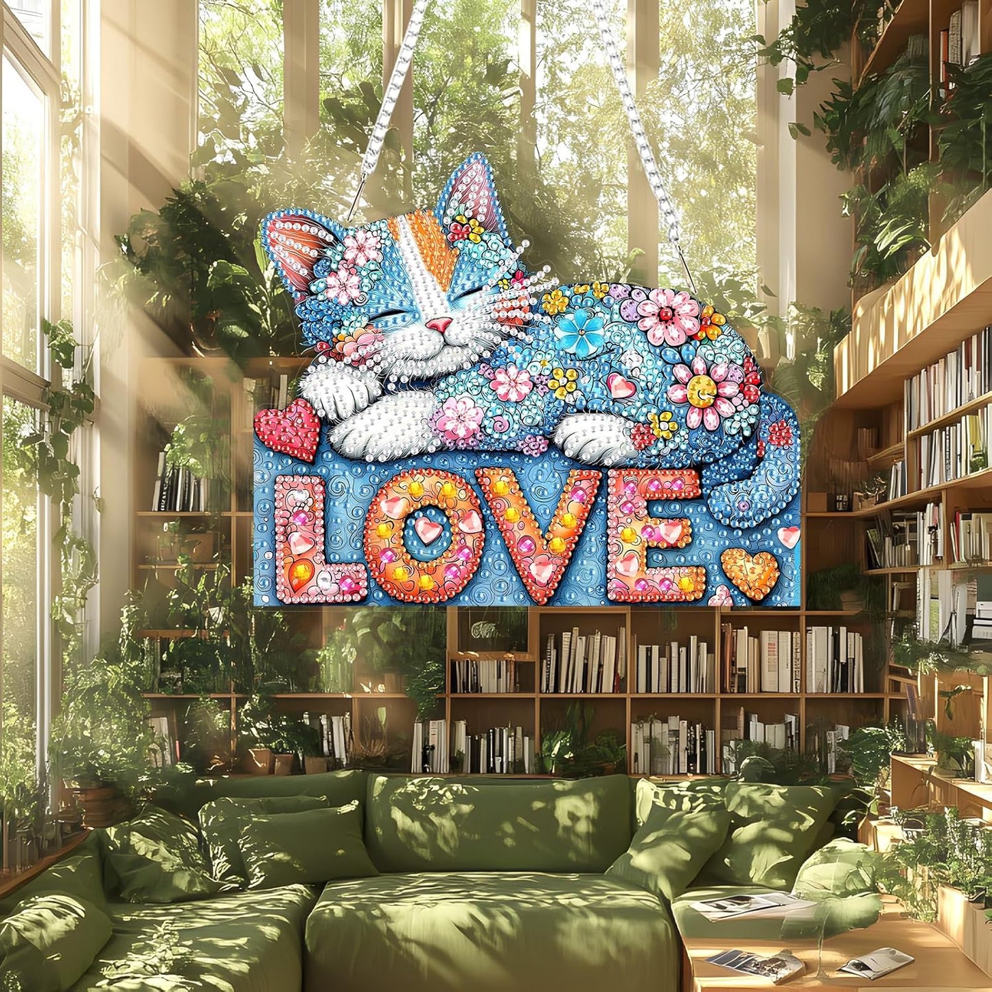 Lxmsja DIY Colorful Cat Diamond Painting Hanging Ornament, Double-Sided Acrylic Love Hearts Diamond Art Kit, Special Shaped Drill Pendant Window Art Kit, Suncatcher Hanging Craft Decoration 7×8 inch