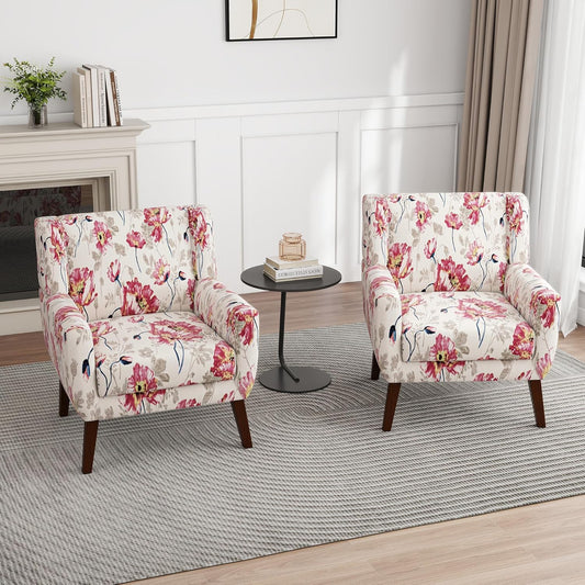 UIXE Floral Accent Chair, Modern Upholstered Armchair in Fabric for Living Room, Comfy Club Arm Chairs Single Sofa Button Tufted Bedroom Reading Seat - Pattern White, Set of 2