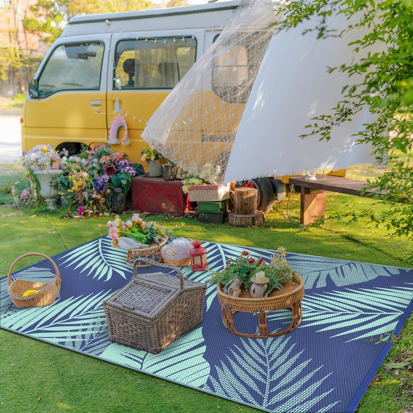GENIMO Outdoor Rug 8' x 10' Waterproof for Patios Clearance, Reversible Outdoor Plastic Straw Camping Rug Carpet, Large Area Rugs Mats for RV, Camper, Deck, Balcony, Porch, Beach Royal Blue&Blue Green