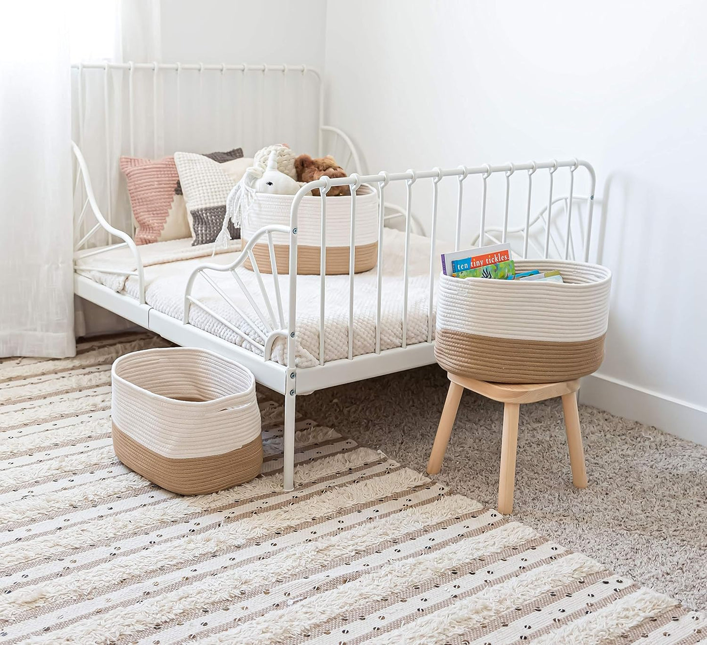 OrganiHaus Woven Storage Baskets for Organizing, Cotton Rope Organizer Bins for Shelves, Closet & Nursery, Dog Toy Basket, Decorative Bins for Toys, Towels & Books - 15x10x9, Honey/Off-White