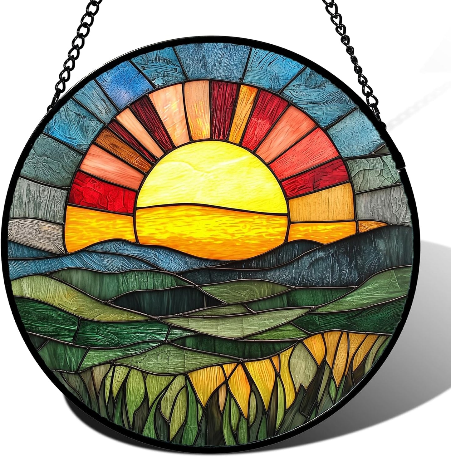 Stained Glass Window Hanging, Golden Red Sun Green Mountain Suncatcher for Window Home Decor Nature Landscape Sun Catcher Mother's Day Birthday Gifts for Women Men Mom Nana 11.8 in