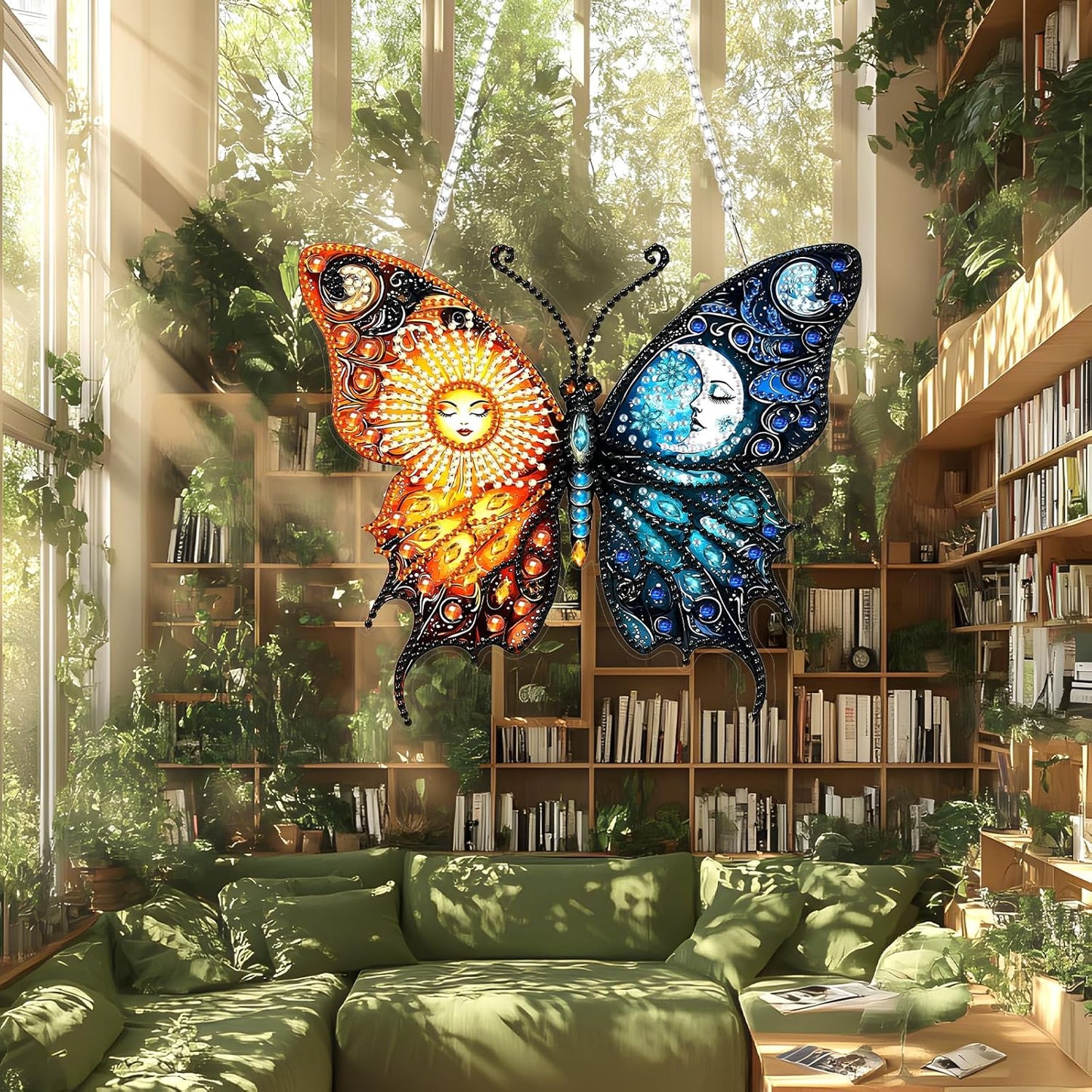 Lxmsja DIY Sun Moon Diamond Painting Hanging Ornament, Double-Sided Acrylic Butterfly Diamond Art Kit, Special Shaped Drill Pendant Window Art Kit, Suncatcher Hanging Craft Decoration 7x8 inch