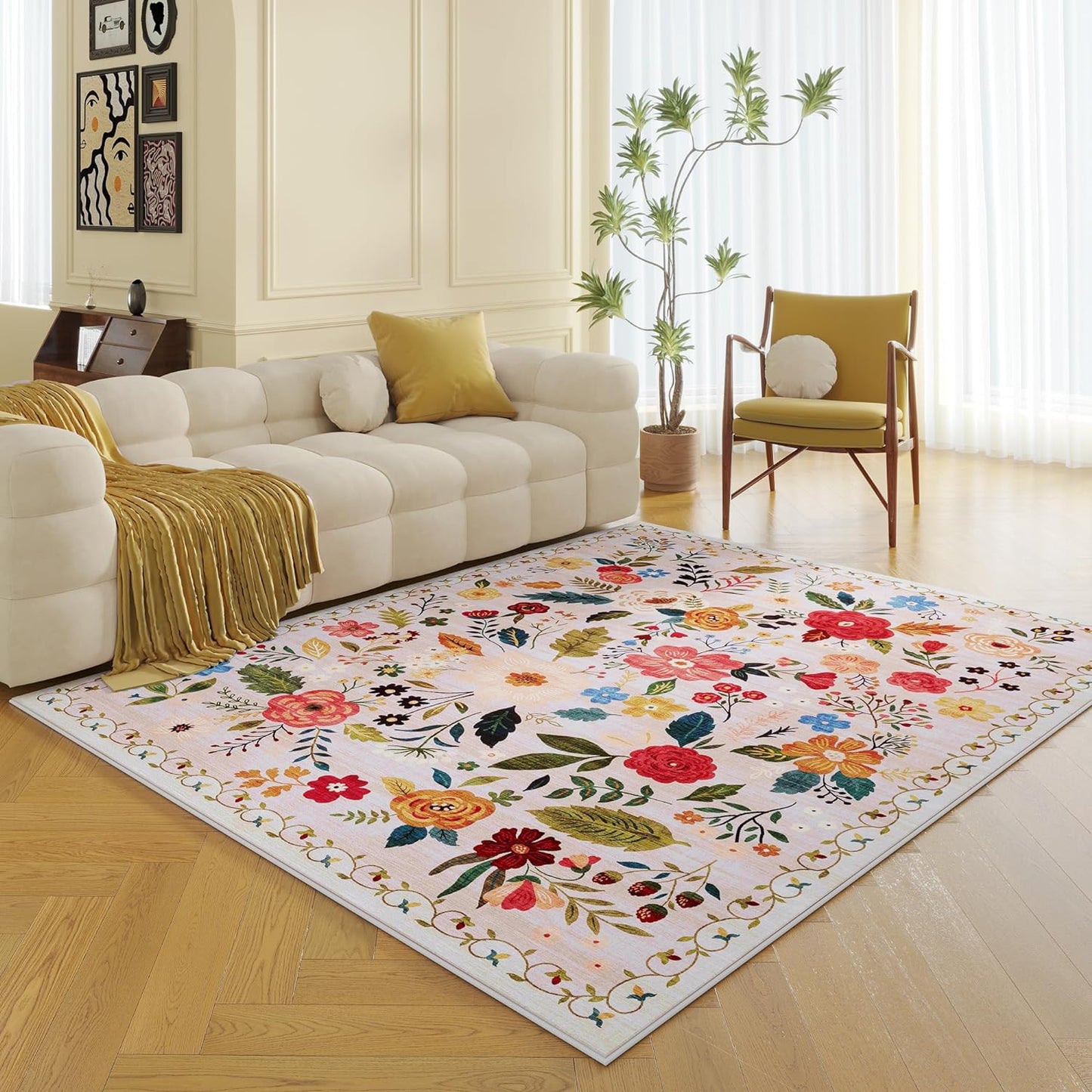 Living Room Rug 5x7 Rug Machine Washable Boho Area Rug Non Slip Floral Vintage Low Pile Large Rugs for Living Room, Bedroom, Farmhouse, Dining Room, Kids Playroom(Beige)