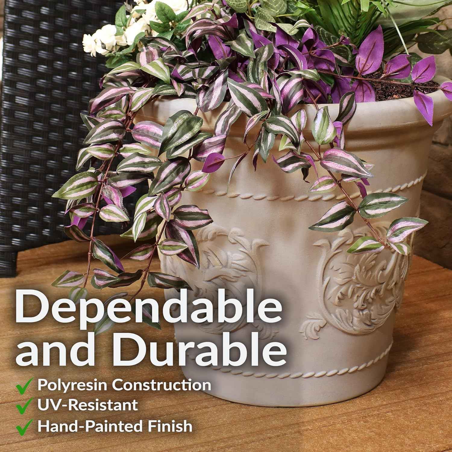 Sunnydaze 19.5-Inch Arabella Large Plastic Pot for Plants - Outdoor Double-Walled Polyresin Large Plastic Planter with Drillable Drainage Holes - Beige