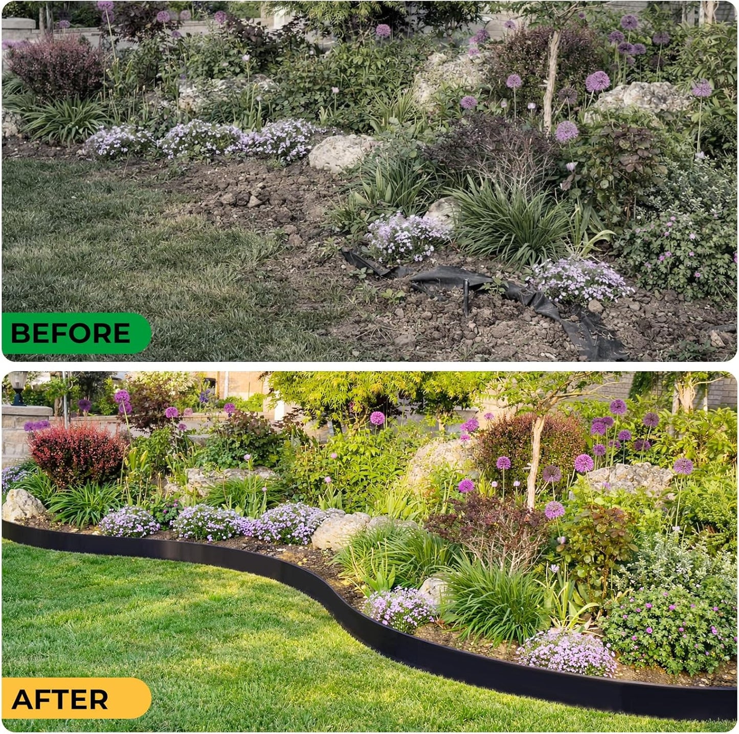 GOTGELIF Landscape Edging Border Kit No Dig, 3'' x 100FT, Black Garden Edging with 110 U-Shaped Nails for Lawn, Flower Beds, and Yard Borders