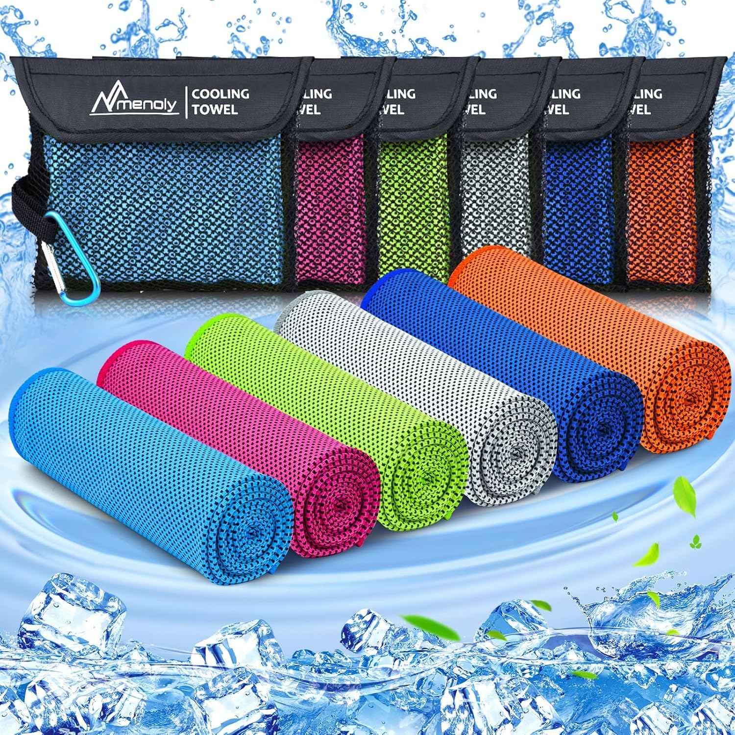 MENOLY 6 Pack Cooling Towels, 40"x12" Cooling Towels for Neck and Face with Breathable Carrying Bags,Soft Microfiber Instant Cooling Rags, Gym Workout Sweat Towel for Sports, Yoga, Camping, Running