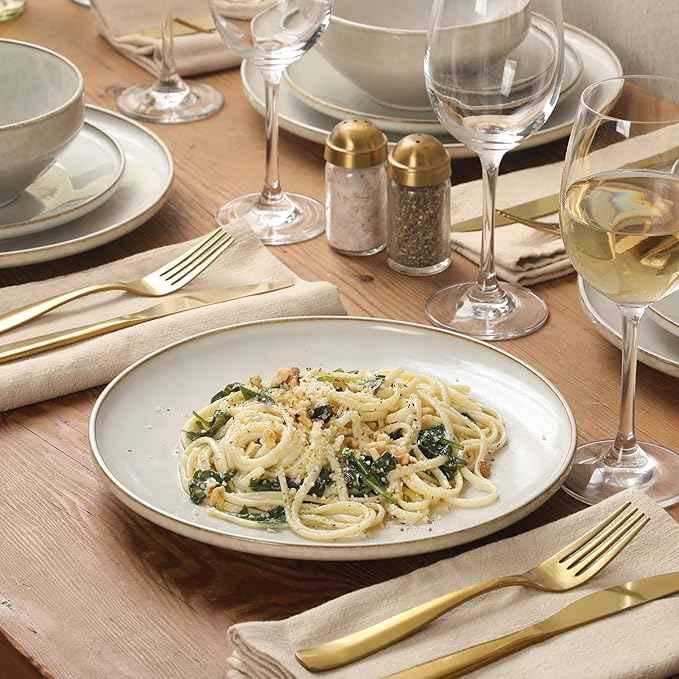 Gibson Elite White Sands Plates and Bowls Sets, 12-Piece Stoneware Dinnerware Sets, Reactive Glaze Dish Set - Moonstone White
