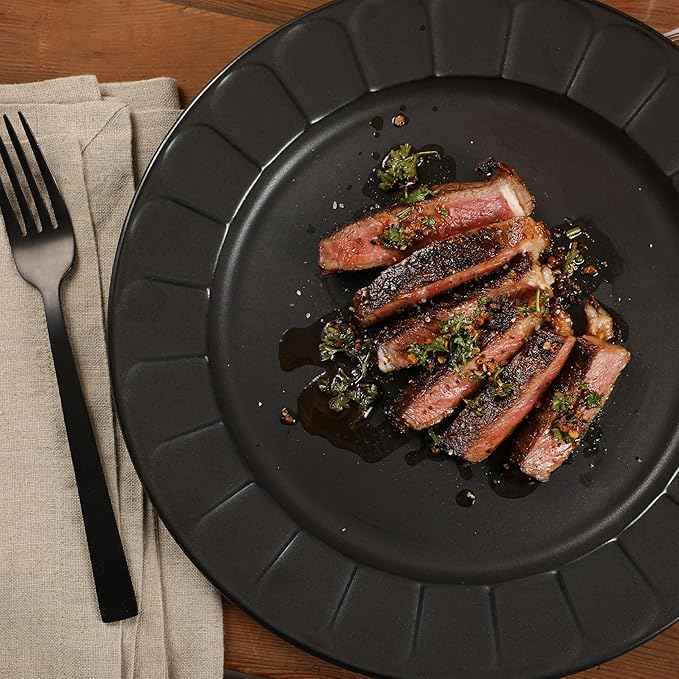 Gibson Elite Winchester Way 12-Piece Embossed Stoneware Dinnerware Set – Reactive Matte Glaze, Durable Lightweight-Tech Plates & Bowls, Everyday Dish Set, Microwave & Dishwasher Safe – Black