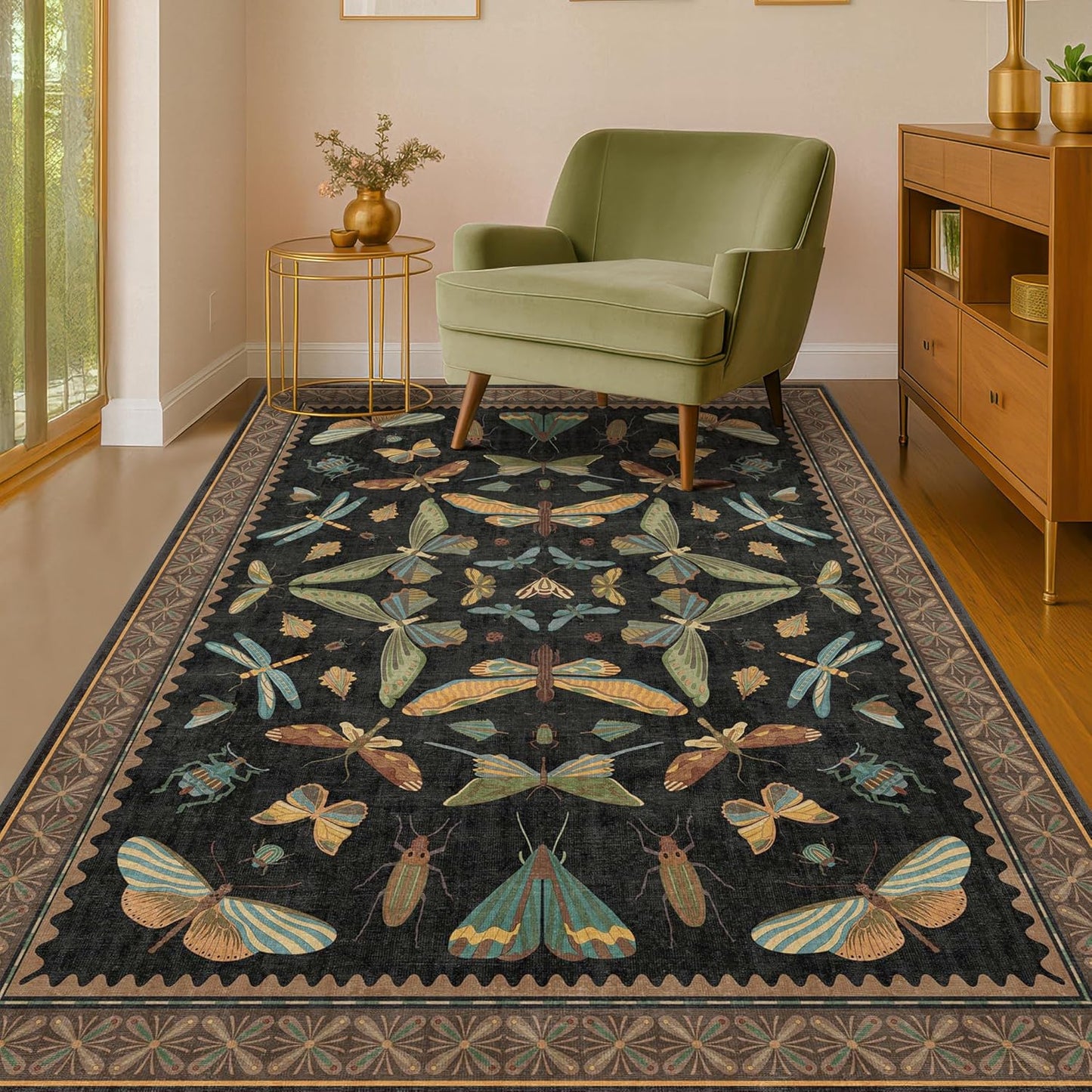 Insect Print Washable 4x6 Entryway Rug - Non-Slip Low Pile Area Rug for Large Kitchen, Bedroom, Office - Ultra Soft Aesthetic Decor, Black & Brown