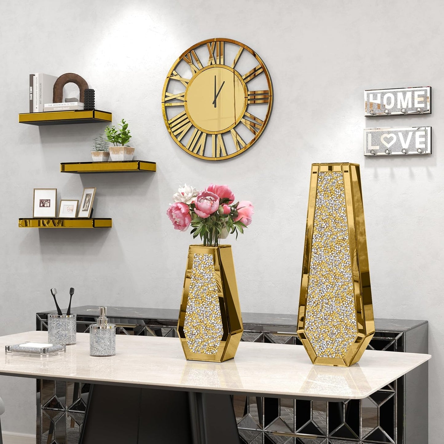 SHYFOY Mirrored Wall Clock, 32" Decorative Roman Numeral Clock, Large Silver Wall Clock for Living Room, Battery Powered, Simple Installation