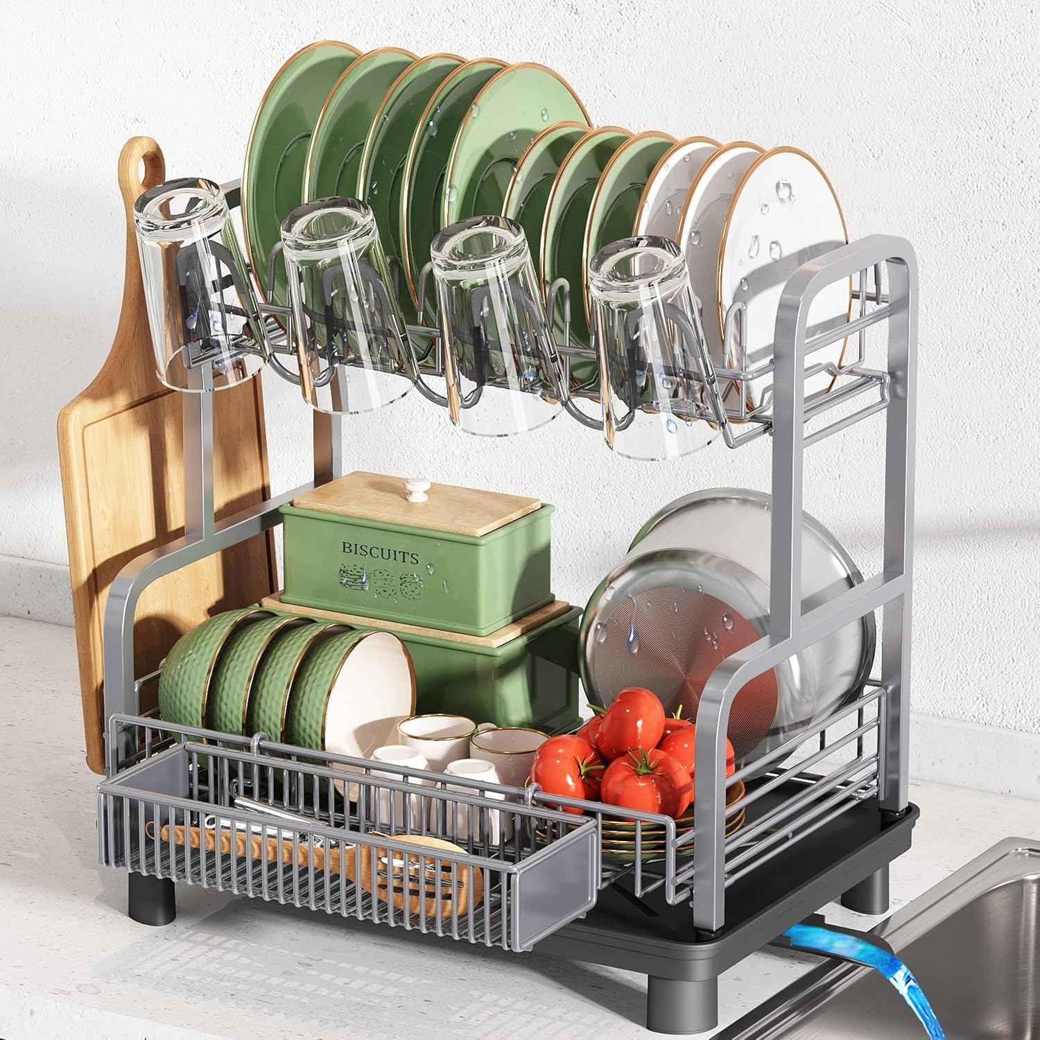 romision 2 Tier Compact Stainless Steel Dish Drainers Drying Rack for Kitchen Counter, Space Saving, Rust Proof Plate Strainers Holder On Countertop with Drainboard, Modern Gray, Small