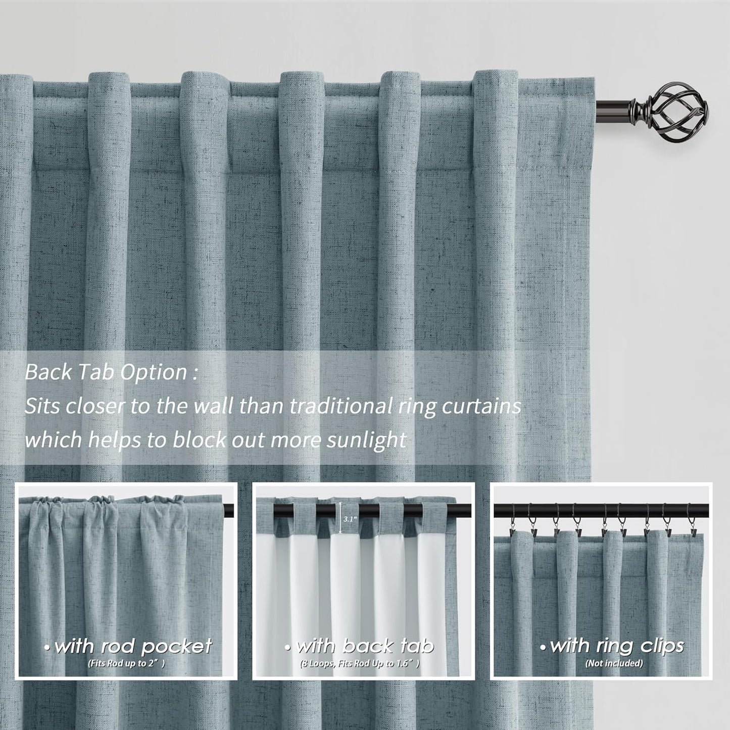 BOODII Linen Blackout Curtains for Bedroom 72 Inch Length 2 Panels Set Room Darkening Curtains Stone Blue Black Out Curtain Neutral Thermal Insulated Living Room Nursery Drapes Back Tab 52x72