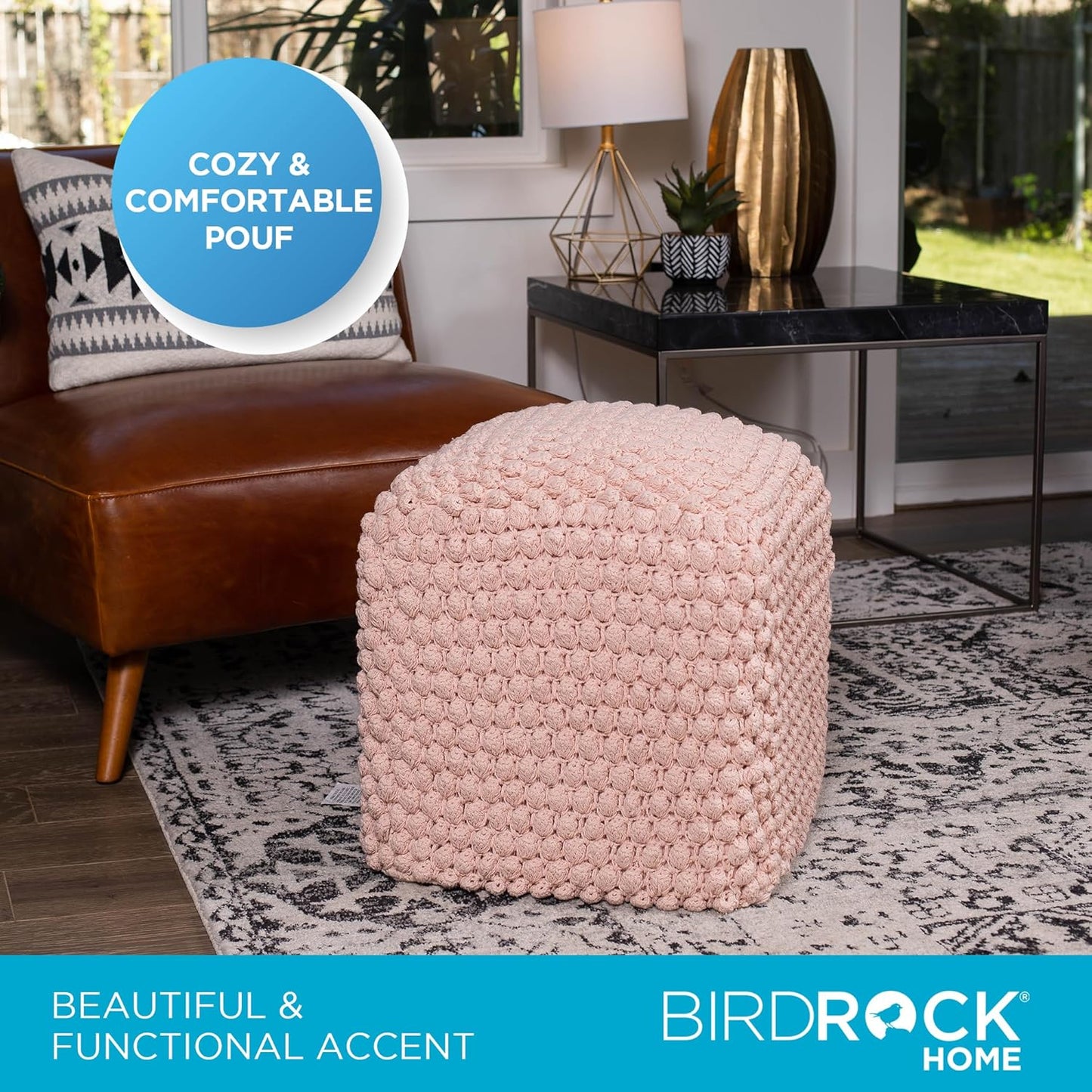 BIRDROCK HOME Buds Pouf Foot Stool Ottoman - Knit Bean Bag Floor Chair - Cotton Braided Cord - Great for The Living Room, Bedroom and Kids Room - Small Furniture (Dusty Rose - Buds)