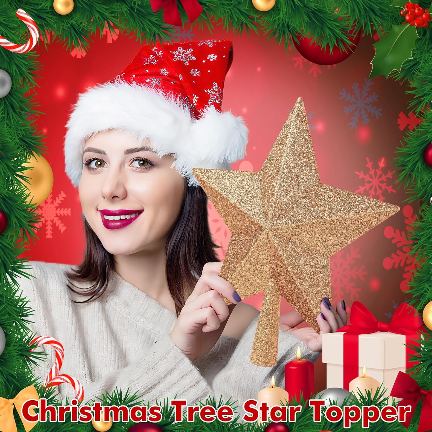 Tree Toppers Christmas Decorations, 10" Champagne Christmas Tree Star Topper, Hard Star Tree Topper Christmas Decorations Glitter Xmas Ornament for Holiday Home Xmas Party Decor Gathering Ornament