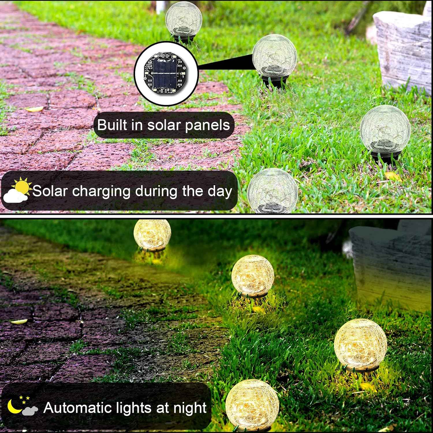 Hbaushun Garden Solar Lights 2 Pack,Outdoor Waterproof 30 LED Cracked Glass Ball Globe Solar Power Ground Lights for Pathway Path Yard Patio Lawn, Outdoor Christmas Decoration Landscape 4.7''