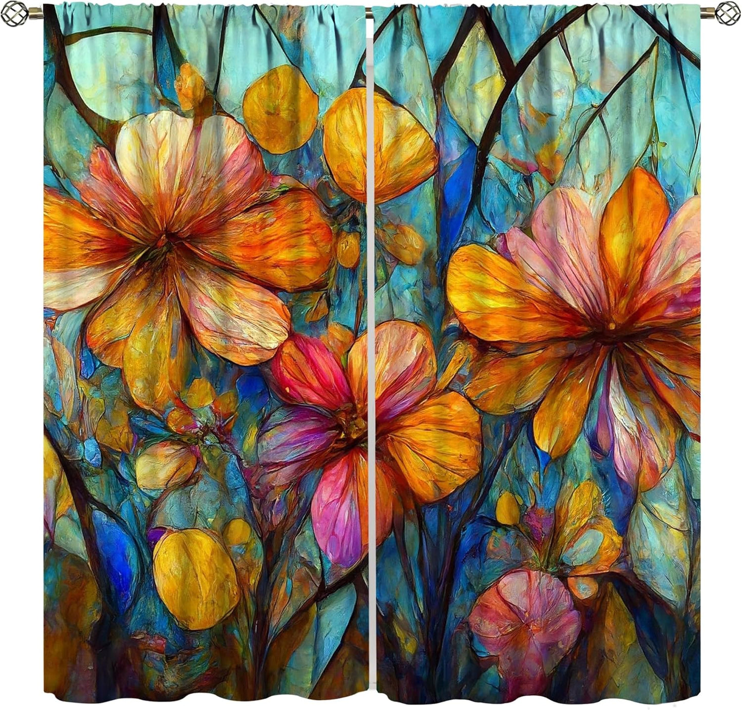 Stained Glass Curtains,Magic Forest Colorful Flowers Abstract Art Home Decor Drapes for Bedroom Living Room Kitchen Window Treatment 2 Panels Set Total Size 52" W X 84" L Inch