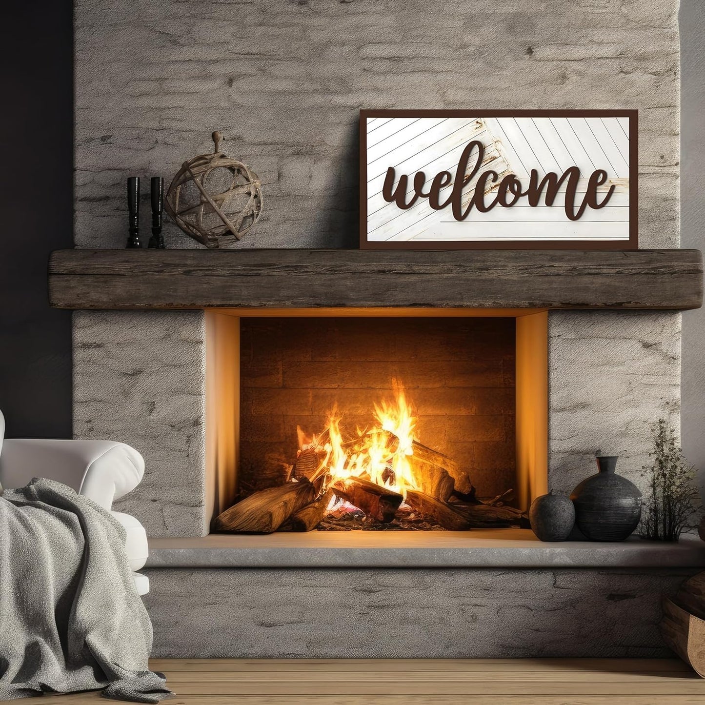Welcome Sign - Large Rustic Wooden Wall Decor for Farmhouse Living Room, Entryway, or Foyer | 32"x16" Hanging Wall Art