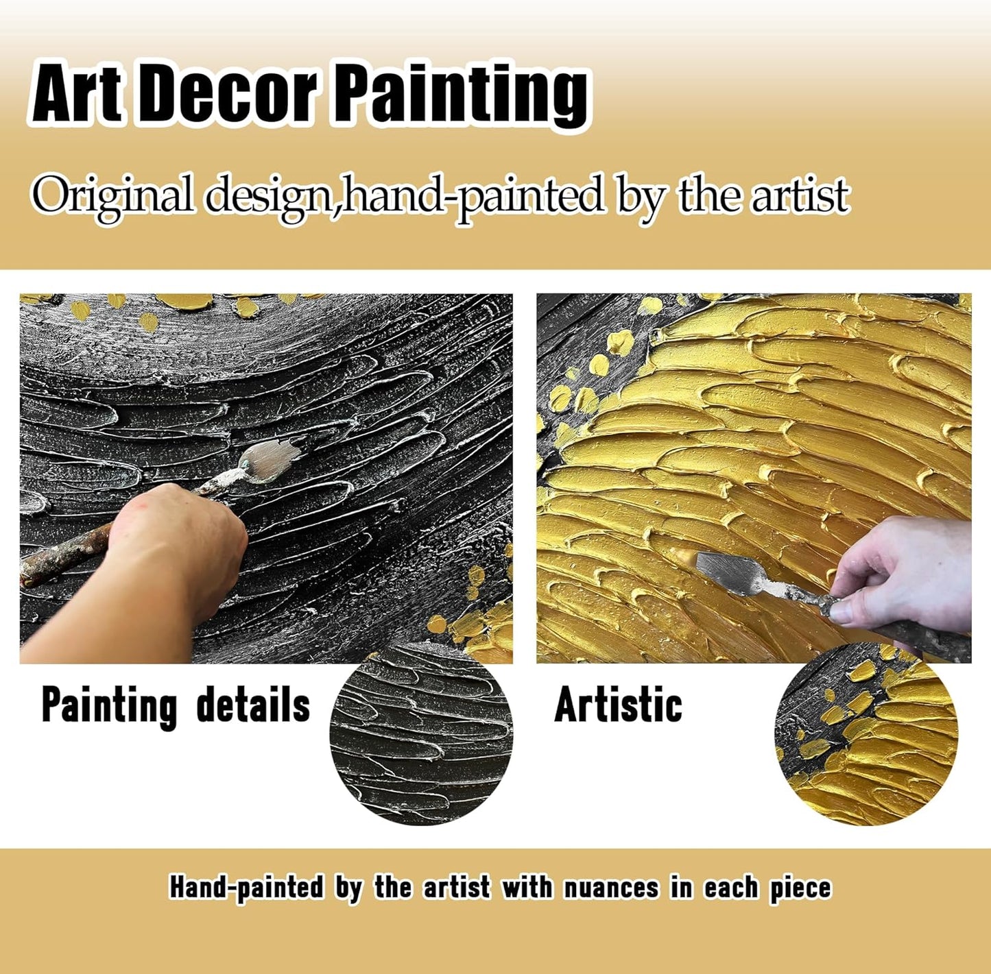 Abstract Hand Painted Wall Art for Office Black and Gold Canvas Wall Art for Bedroom Modern Wall Decor for Living Room Size 24 x 47 Inch