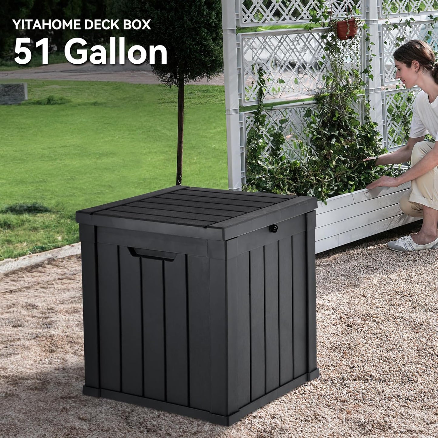 YITAHOME 51 Gallon Outdoor Storage Deck Box, Waterproof Resin Package Delivery and Storage Box with Lockable Lid for Patio Furniture Cushions, Pool Accessories, Garden Tools, Black