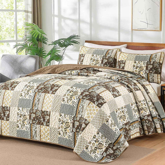 WONGS BEDDING Quilt Set Queen Size Brown, 3 Pieces Patchwork Plaid Bedspread Coverlet Set, Floral Soft Microfiber Bedding Set for All Season(96"×90")
