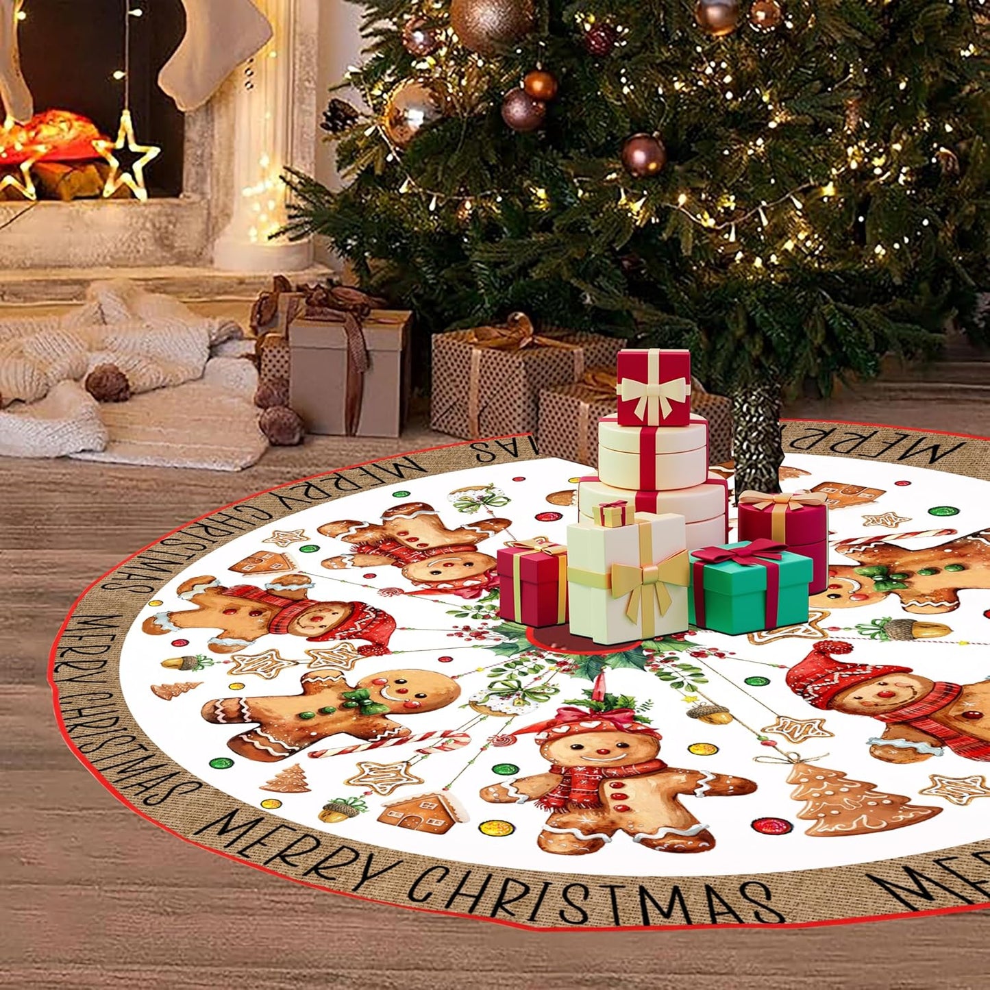 Baccessor Christmas Tree Skirt 48 Inch, Merry Christmas Cute Gingerbread Man Christmas Tree Skirt Collar for Winter Holiday Farmhouse Vintage Rustic Xmas Party Decoration