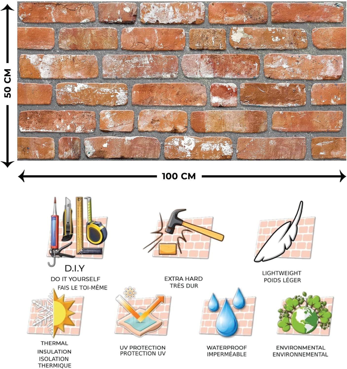 Dundee Deco 3D Wall Panels Faux Brick - Cladding, Red Orange Stone Look Wall Paneling, Styrofoam Facing for Living Room, Kitchen, Bathroom, Balcony, Bedroom, Sample, Size 10 x 10 in.
