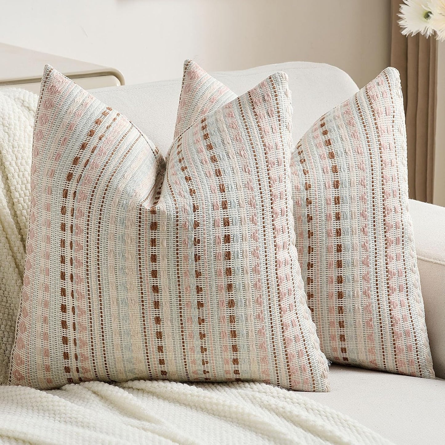 FUTEI Pink Blue Decorative Throw Pillow Covers 18x18 Inch Set of 2,Soft Cozy Chenille Jacquard Textured Cushion Case,Boho Home Decor for Couch Bed Living Room