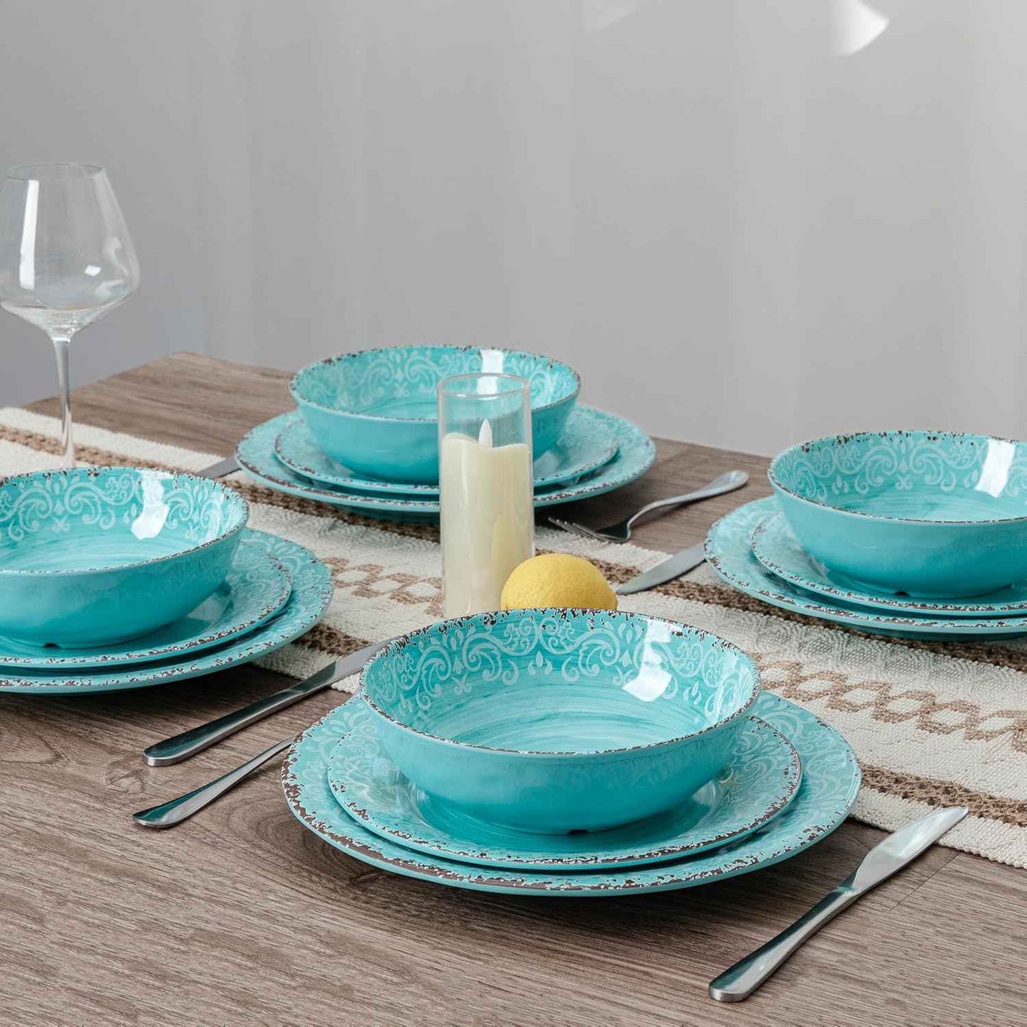 12-Piece Farmhouse Dinnerware Set, set of 4, 100% Melamine Dishes Serving Set with Plates and Bowls, Non-breakable and Lightweight Dinner Set for indoor and outdoor entertaining, Light Teal