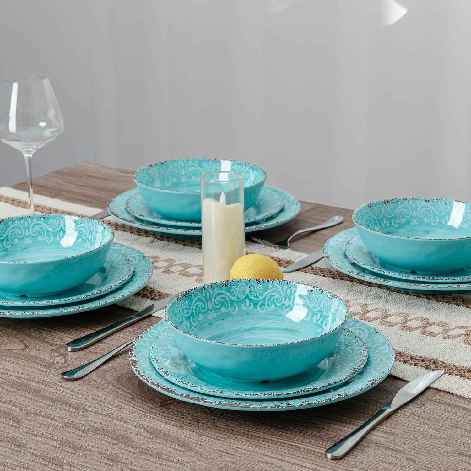 12-Piece Farmhouse Dinnerware Set, set of 4, 100% Melamine Dishes Serving Set with Plates and Bowls, Non-breakable and Lightweight Dinner Set for indoor and outdoor entertaining, Light Teal