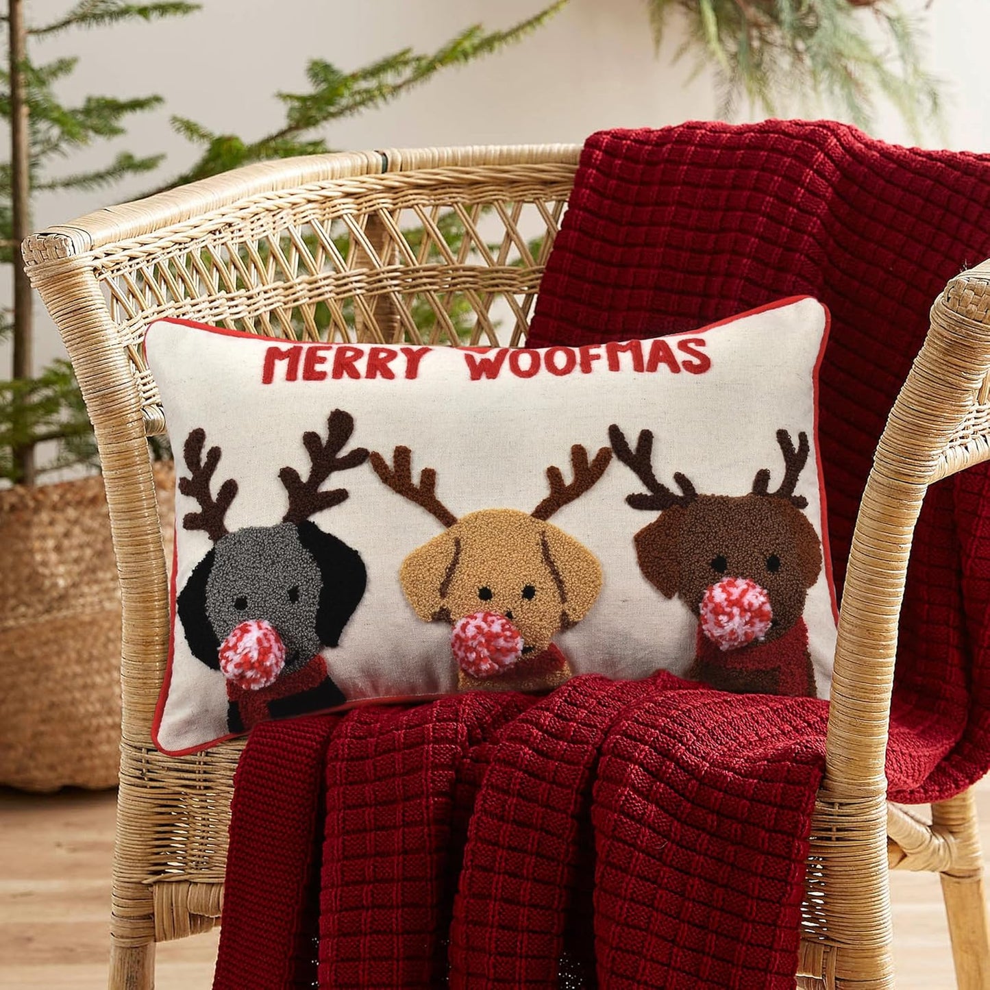Merry Woofmas Christmas Pillow Covers 12x20, Cute Dog Embroidered Christmas Throw Pillow Covers Christmas Decorations Holiday Pillows for Home Couch,Linen/red