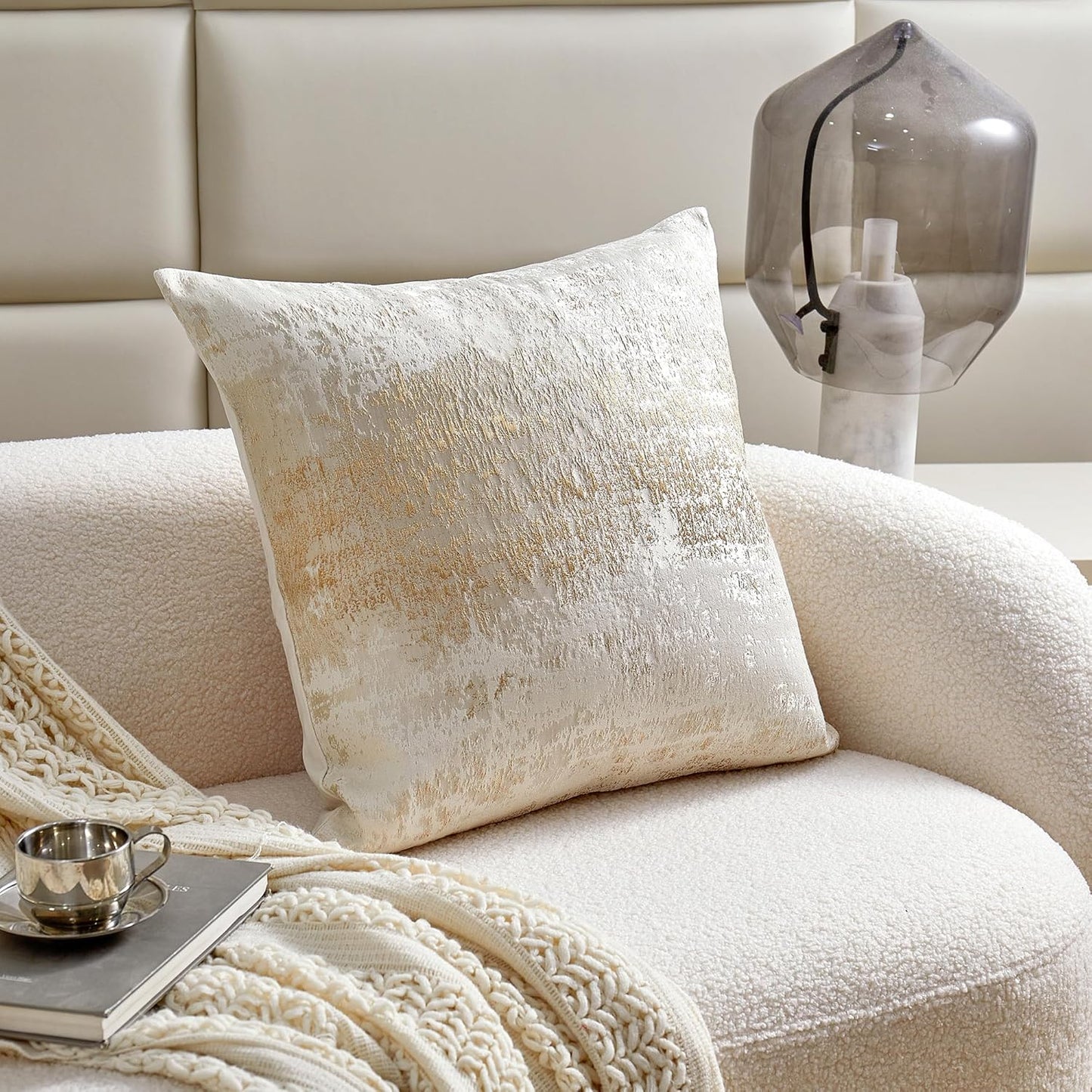 THE-TINOART Beige & Gold Accent Pillow Cover 18x18 - Gold Embroidery & Splashed Jacquard Design, Reversible Luxury Throw Pillow Cover with Velvet Backing for Couch, Bed, Chair