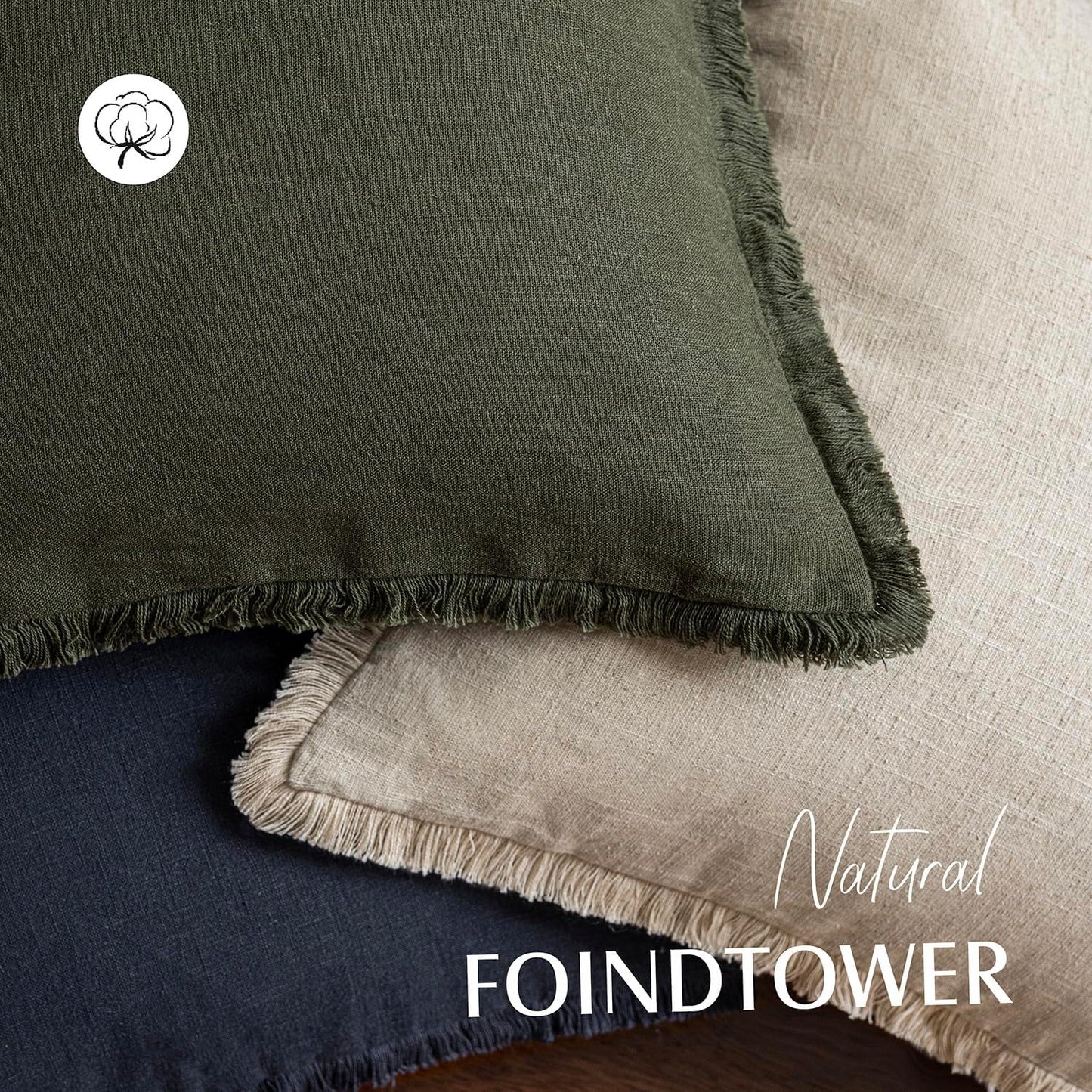 Foindtower Set of 2 Decorative Linen Fringe Throw Pillow Covers Cozy Farmhouse Cushion Cover with Tassels Accent Pillowcase for Couch Chair Sofa Bed Living Room Home Decor,18×18 Inch,Dark Olive Green