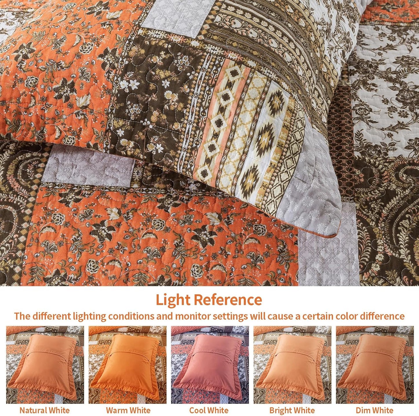 VAPUTAR Quilts Queen Size - Fall Cotton Quilt Set Quilted Bedspread Coverlet Lightweighet Bedding Set with Shams for All Season, 3 Piece Boho Patchwork Quitled Bedspread Queen Size (Dream Orange)
